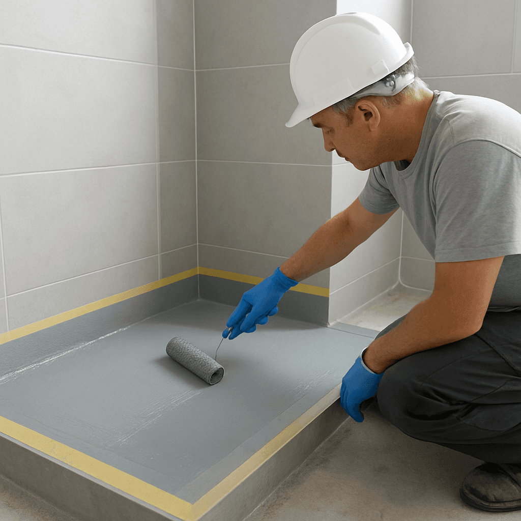 Tradesperson applying a certified waterproof membrane to a bathroom wet area before tiling