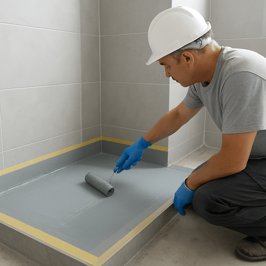 Nova Tiling specialist applying a certified waterproof membrane to a bathroom wet area before tiling