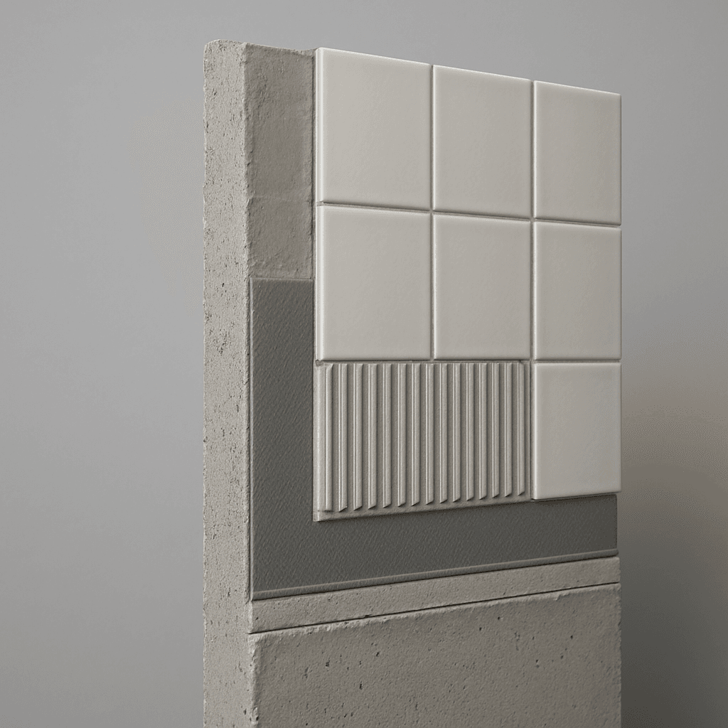 Cross-section showing the layers of the Watertight Tiling System: substrate, waterproof membrane, adhesive and tile