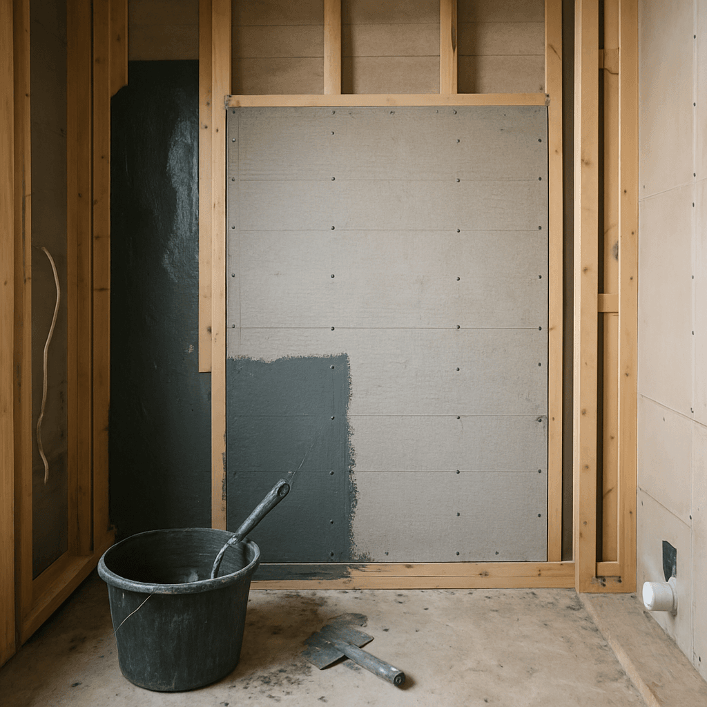 Traditional bathroom construction with timber framing, backer board and separately applied waterproofing