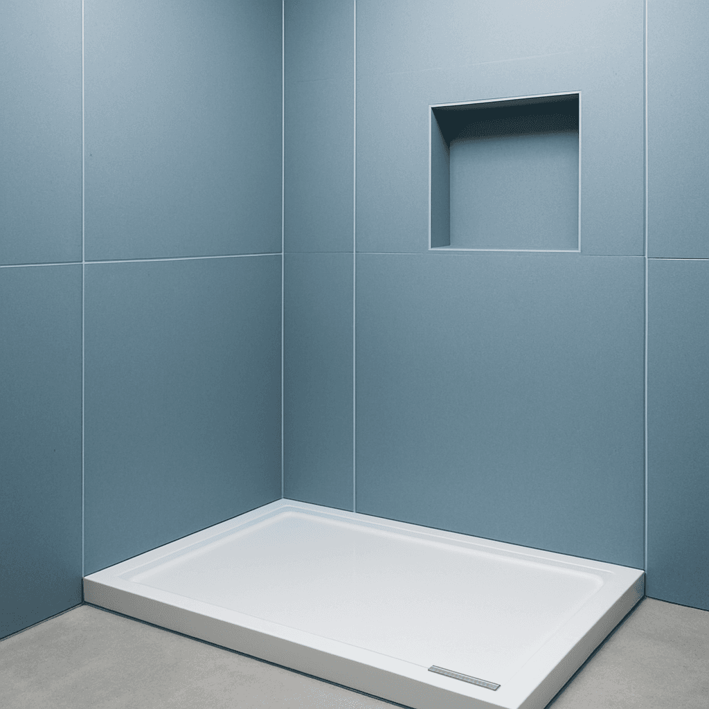 Wedi bathroom construction system with waterproof building boards, prefabricated shower base and niche